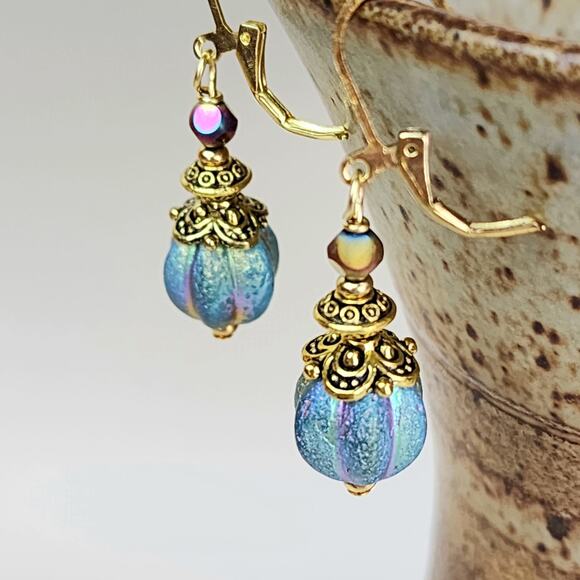 Stunning Dangle Earrings, Teal‎ Blue Glass with Etched Gold AB, Leverback Hooks - Picture 1 of 8